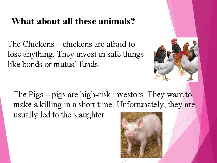 What about all these animals? The Chickens – chickens are afraid to lose anything.