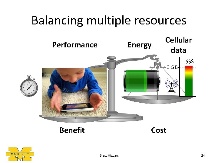 Balancing multiple resources Performance Energy Cellular data 3 GB Benefit $$$ Cost Brett Higgins