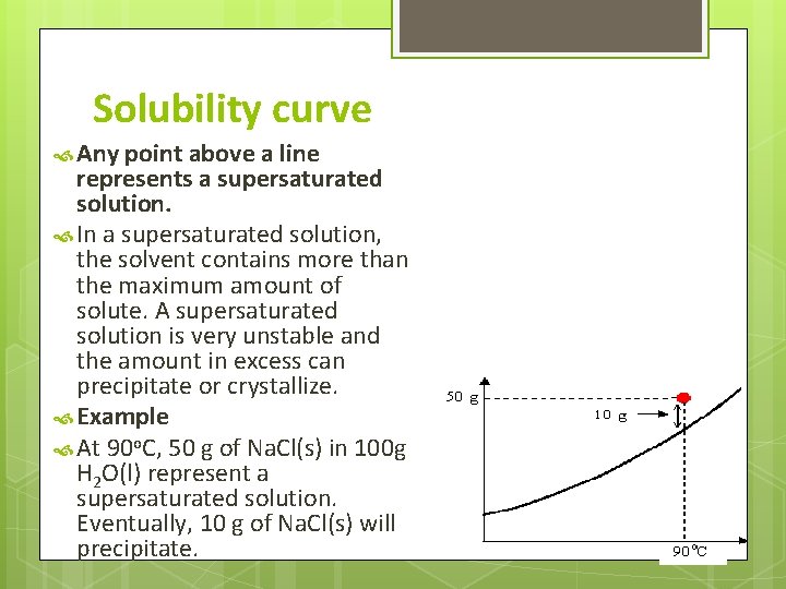 Solubility curve Any point above a line represents a supersaturated solution. In a supersaturated