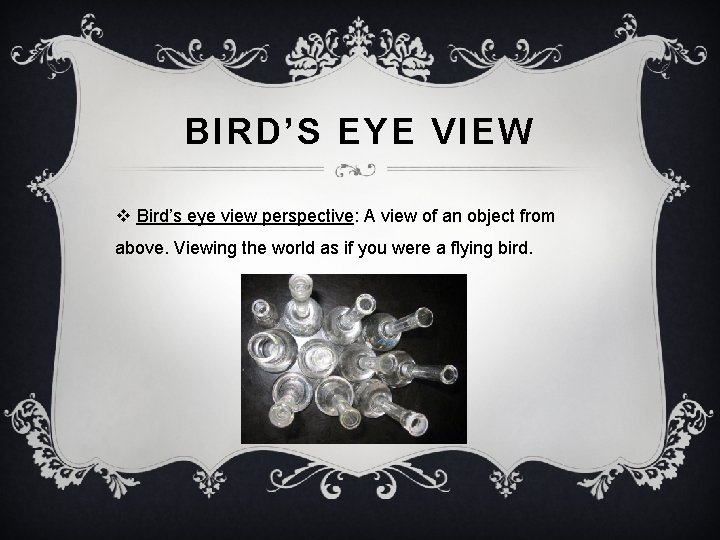 BIRD’S EYE VIEW v Bird’s eye view perspective: A view of an object from