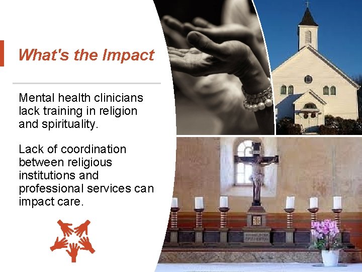 What's the Impact Mental health clinicians lack training in religion and spirituality. Lack of