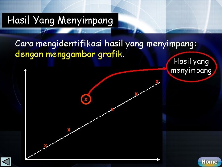 Hasil Yang Menyimpang Cara mengidentifikasi hasil yang menyimpang: dengan menggambar grafik. Hasil yang menyimpang