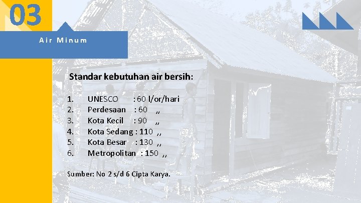 03 Air Minum Standar kebutuhan air bersih: 1. 2. 3. 4. 5. 6. UNESCO