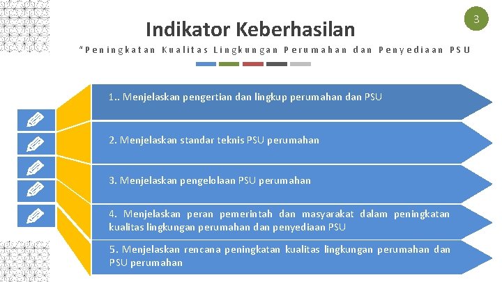 Indikator Keberhasilan “Peningkatan Kualitas Lingkungan Perumahan dan Penyediaan PSU 1. . Menjelaskan pengertian dan