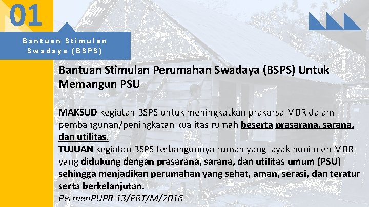 01 Bantuan Stimulan Swadaya (BSPS) Bantuan Stimulan Perumahan Swadaya (BSPS) Untuk Memangun PSU MAKSUD
