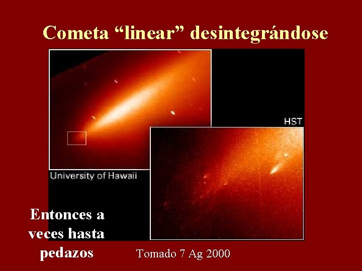 Cometa “linear” desintegrándose Entonces a veces hasta pedazos Tomado 7 Ag 2000 