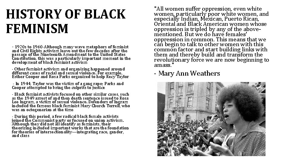 HISTORY OF BLACK FEMINISM - 1920 s to 1960 -Although many wave metaphors of