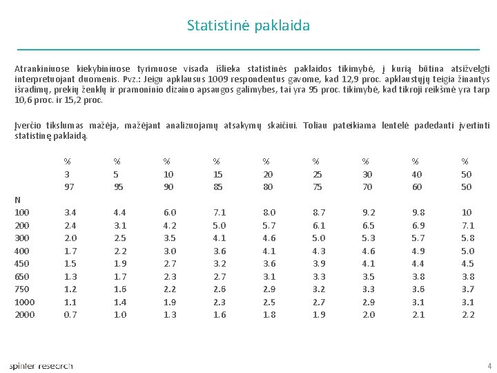 Statistinė paklaida Atrankiniuose kiekybiniuose tyrimuose visada išlieka statistinės paklaidos tikimybė, į kurią būtina atsižvelgti