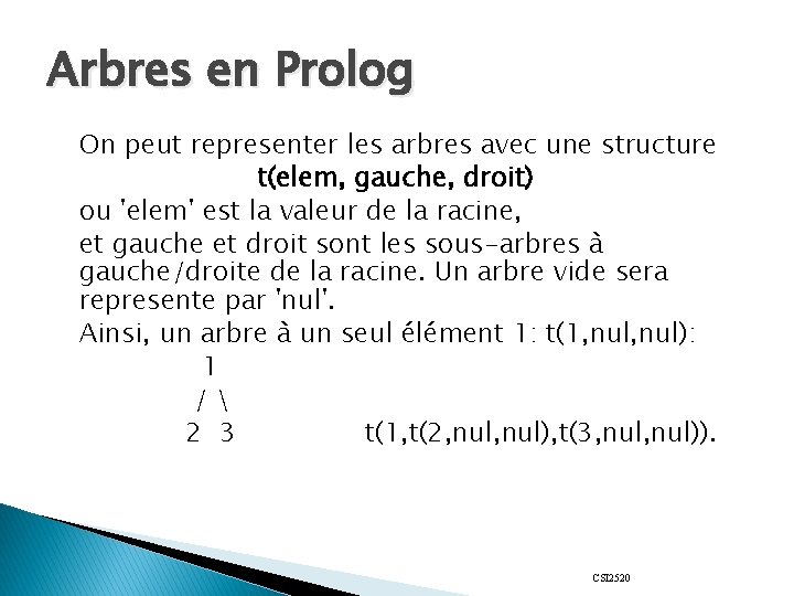 Arbres en Prolog On peut representer les arbres avec une structure t(elem, gauche, droit)