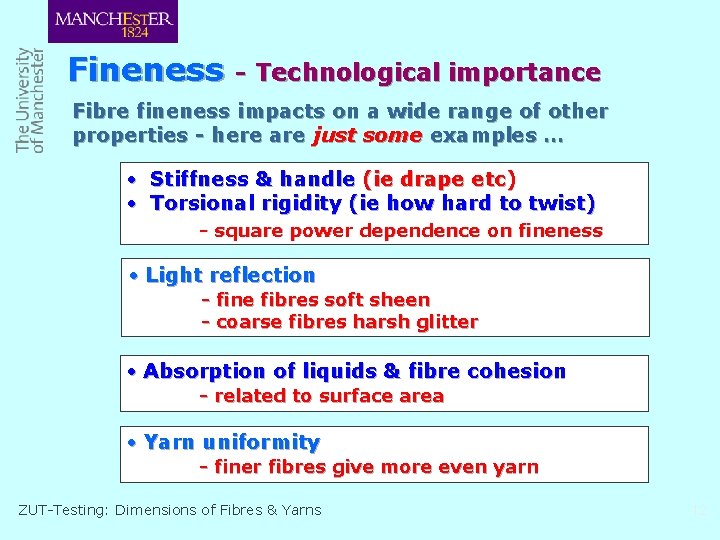 Fineness - Technological importance Fibre fineness impacts on a wide range of other properties