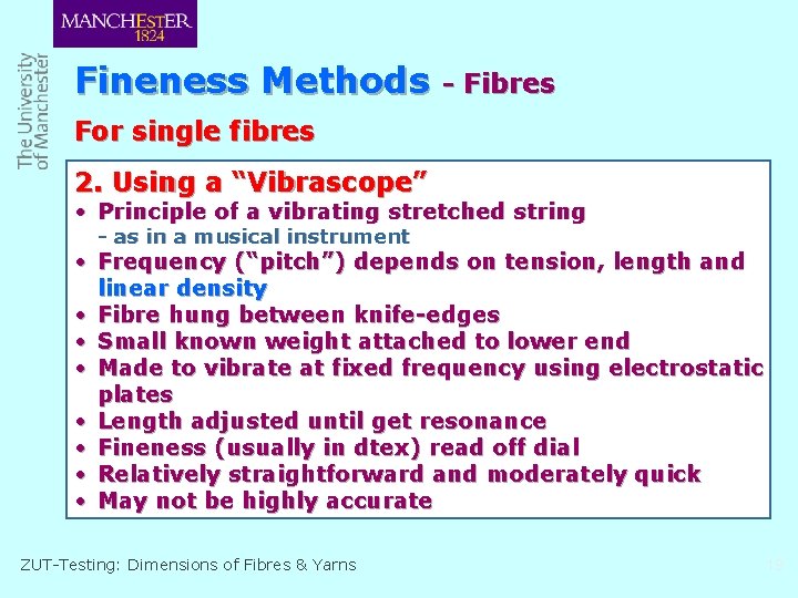 Fineness Methods - Fibres For single fibres 2. Using a “Vibrascope” • Principle of