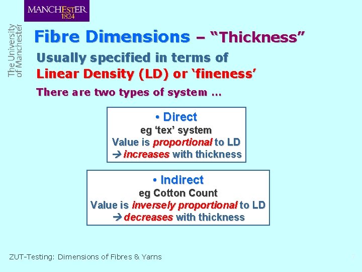 Fibre Dimensions – “Thickness” Usually specified in terms of Linear Density (LD) or ‘fineness’
