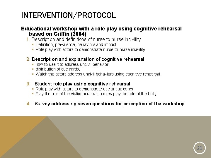 INTERVENTION/PROTOCOL Educational workshop with a role play using cognitive rehearsal based on Griffin (2004)