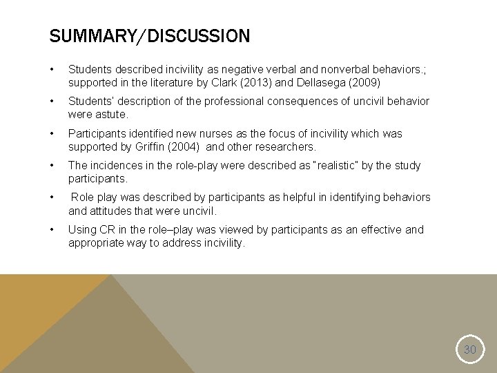 SUMMARY/DISCUSSION • Students described incivility as negative verbal and nonverbal behaviors. ; supported in