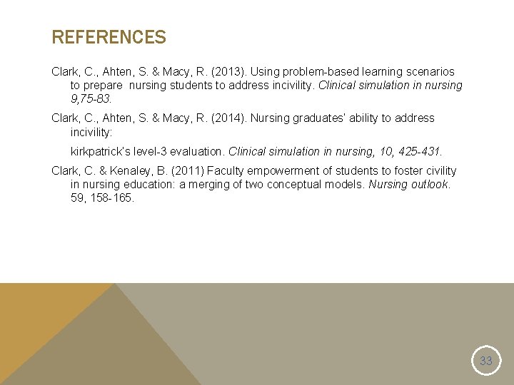 REFERENCES Clark, C. , Ahten, S. & Macy, R. (2013). Using problem-based learning scenarios