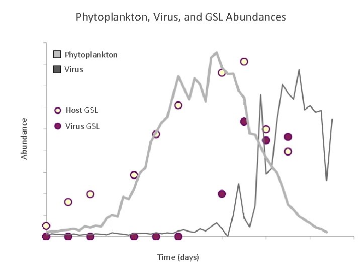 Phytoplankton, Virus, and GSL Abundances Phytoplankton Virus Abundance Host GSL Virus GSL Time (days)