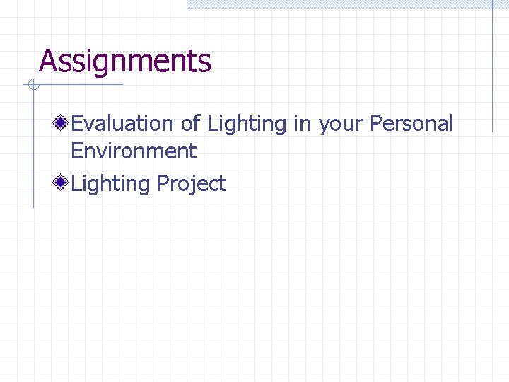 Assignments Evaluation of Lighting in your Personal Environment Lighting Project 
