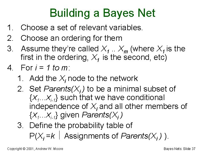 Building a Bayes Net 1. Choose a set of relevant variables. 2. Choose an