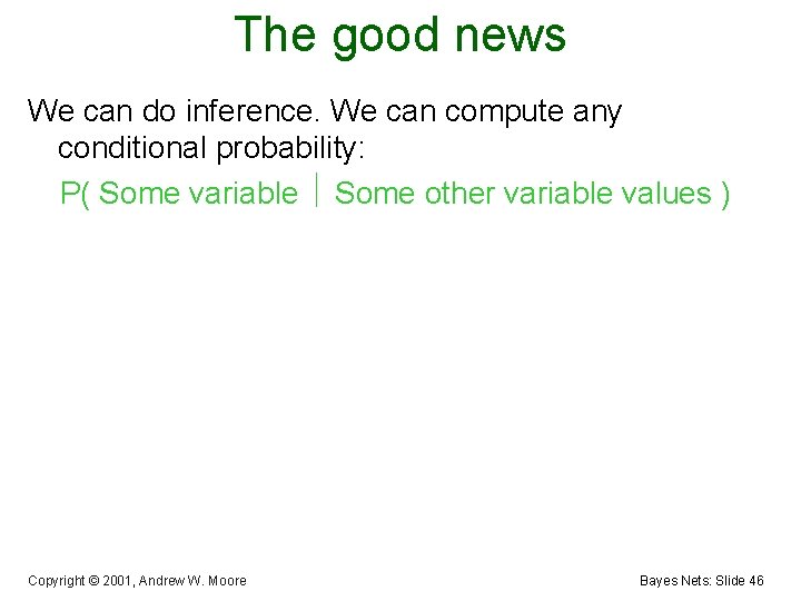 The good news We can do inference. We can compute any conditional probability: P(