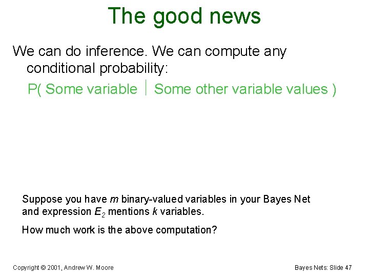 The good news We can do inference. We can compute any conditional probability: P(