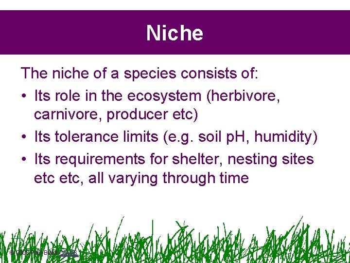 Niche The niche of a species consists of: • Its role in the ecosystem