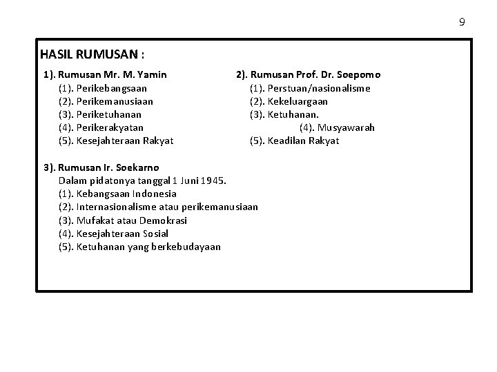9 HASIL RUMUSAN : 1). Rumusan Mr. M. Yamin (1). Perikebangsaan (2). Perikemanusiaan (3).