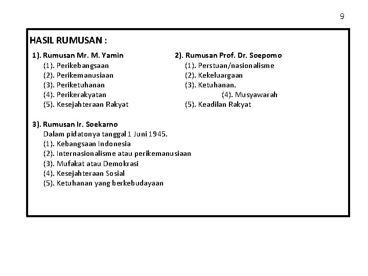 9 HASIL RUMUSAN : 1). Rumusan Mr. M. Yamin (1). Perikebangsaan (2). Perikemanusiaan (3).