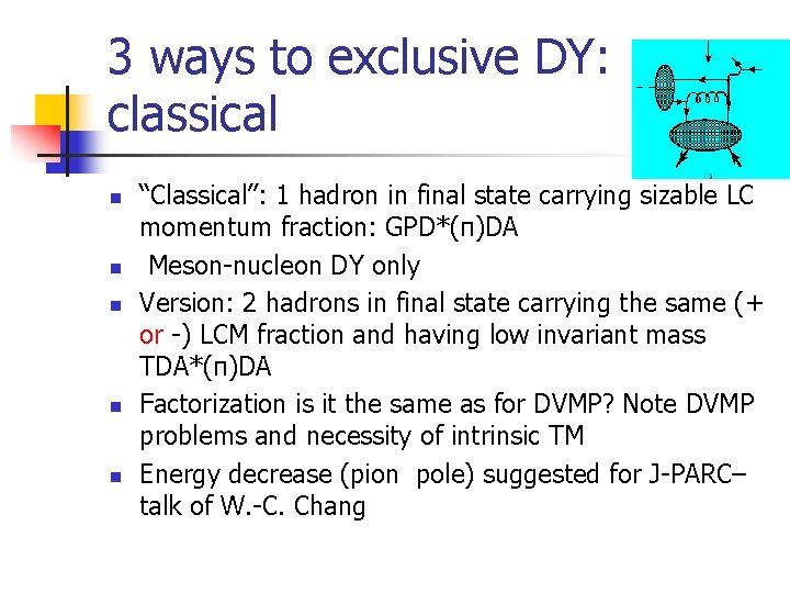 3 ways to exclusive DY: classical n n n “Classical”: 1 hadron in final