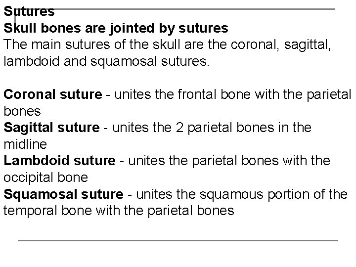 Sutures Skull bones are jointed by sutures The main sutures of the skull are