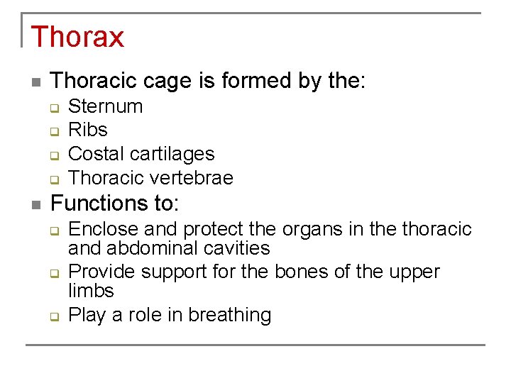 Thorax n Thoracic cage is formed by the: q q n Sternum Ribs Costal