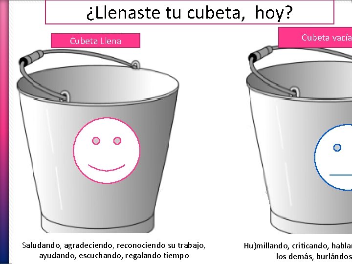 ¿Llenaste tu cubeta, hoy? Cubeta Llena Saludando, agradeciendo, reconociendo su trabajo, ayudando, escuchando, regalando