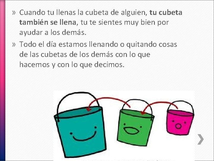» Cuando tu llenas la cubeta de alguien, tu cubeta también se llena, tu