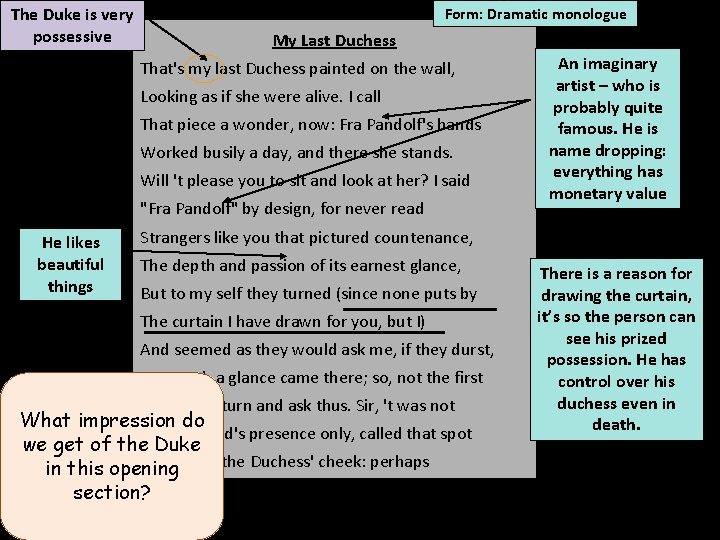 The Duke is very possessive Form: Dramatic monologue My Last Duchess That's my last