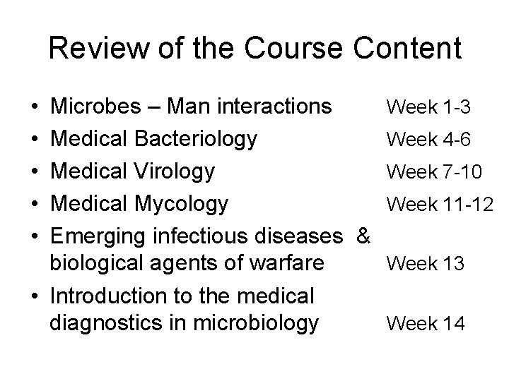 Review of the Course Content • • • Microbes – Man interactions Week 1