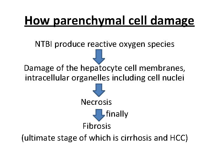 How parenchymal cell damage NTBI produce reactive oxygen species Damage of the hepatocyte cell
