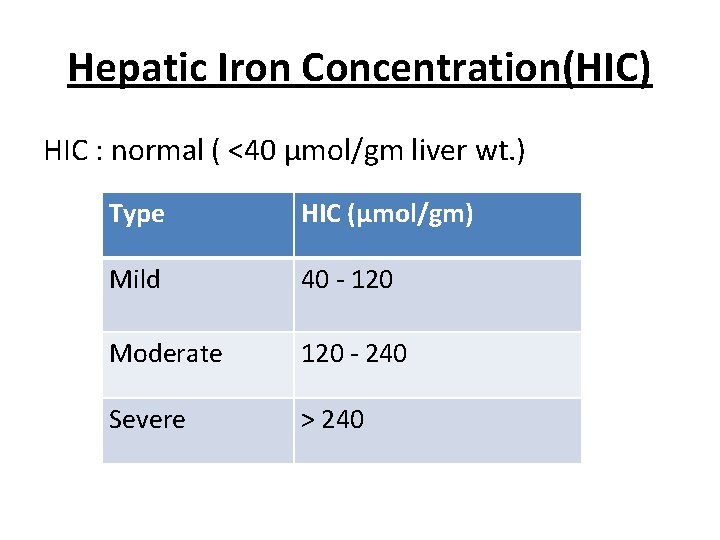 Hepatic Iron Concentration(HIC) HIC : normal ( <40 µmol/gm liver wt. ) Type HIC