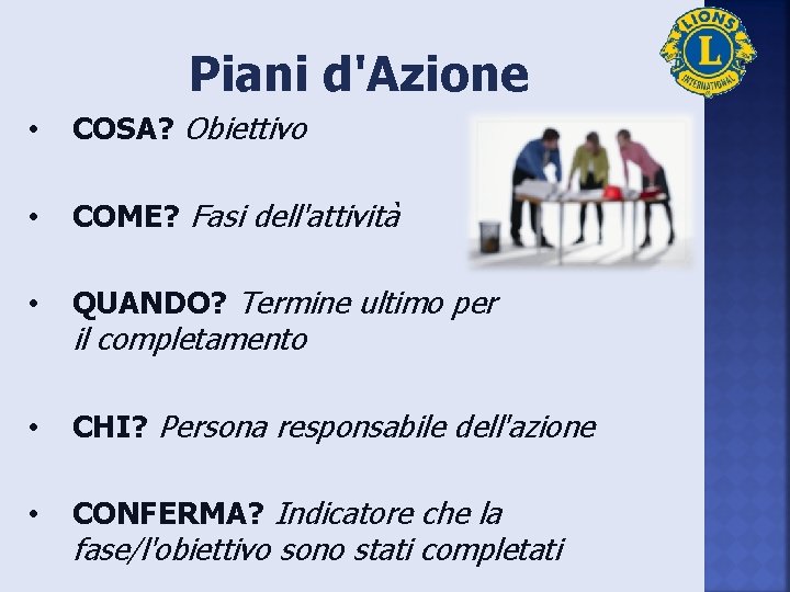 Piani d'Azione • COSA? Obiettivo • COME? Fasi dell'attività • QUANDO? Termine ultimo per