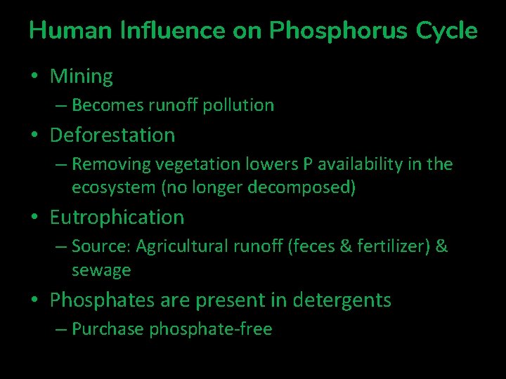 Human Influence on Phosphorus Cycle • Mining – Becomes runoff pollution • Deforestation – Human Influence on Phosphorus Cycle • Mining – Becomes runoff pollution • Deforestation –