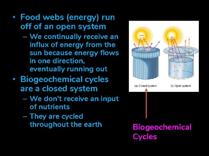 • Food webs (energy) run off of an open system – We continually • Food webs (energy) run off of an open system – We continually