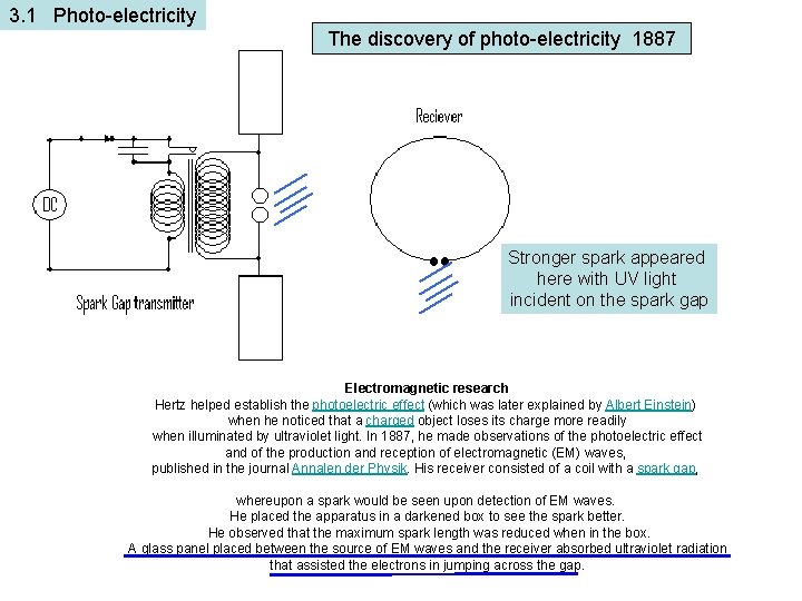 3. 1 Photo-electricity The discovery of photo-electricity 1887 Stronger spark appeared here with UV