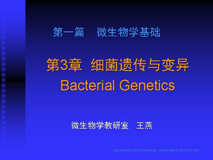第一篇 微生物学基础 第 3章 细菌遗传与变异 Bacterial Genetics 微生物学教研室 王燕 Department of Microbiology, Harbin Medical