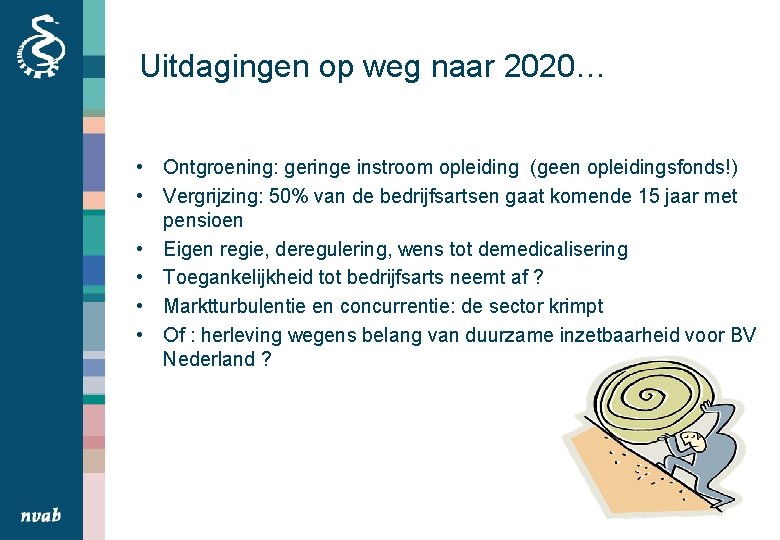 Uitdagingen op weg naar 2020… • Ontgroening: geringe instroom opleiding (geen opleidingsfonds!) • Vergrijzing: