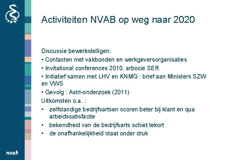 Activiteiten NVAB op weg naar 2020 Discussie bewerkstelligen: • Contacten met vakbonden en werkgeversorganisaties