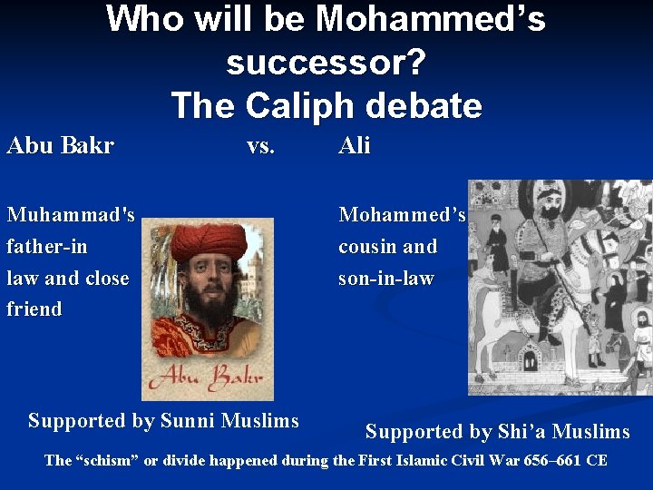 Who will be Mohammed’s successor? The Caliph debate Abu Bakr vs. Muhammad's father-in law