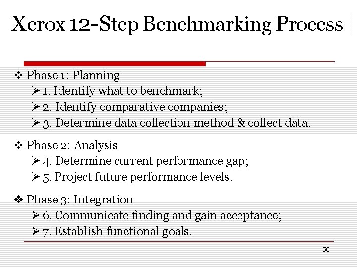 Xerox 12 -Step Benchmarking Process v Phase 1: Planning 1. Identify what to benchmark;