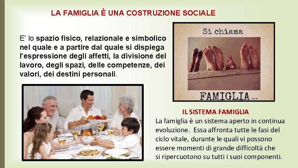 LA FAMIGLIA È UNA COSTRUZIONE SOCIALE E’ lo spazio fisico, relazionale e simbolico nel