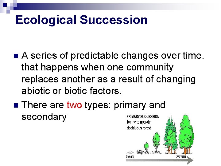 Ecological Succession A series of predictable changes over time. that happens when one community