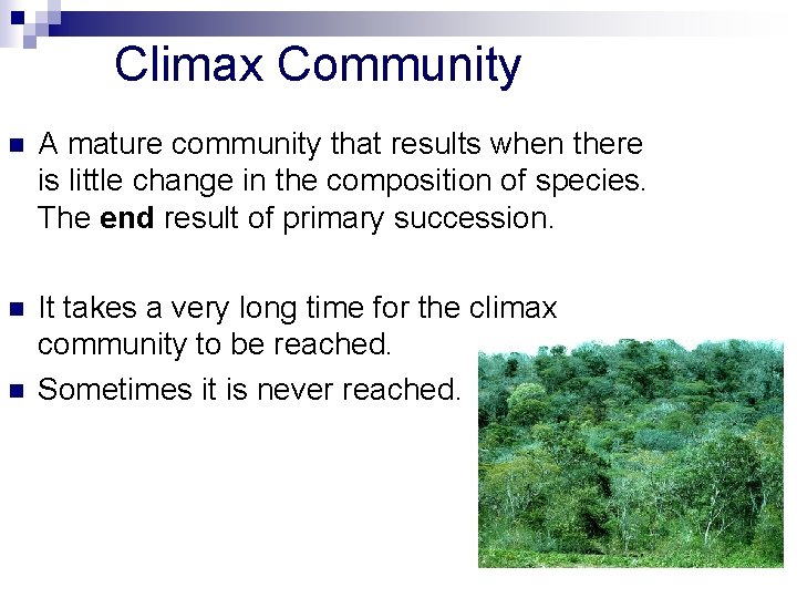 Climax Community n A mature community that results when there is little change in
