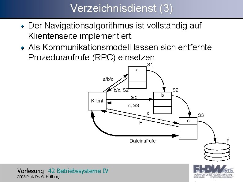 Verzeichnisdienst (3) Der Navigationsalgorithmus ist vollständig auf Klientenseite implementiert. Als Kommunikationsmodell lassen sich entfernte