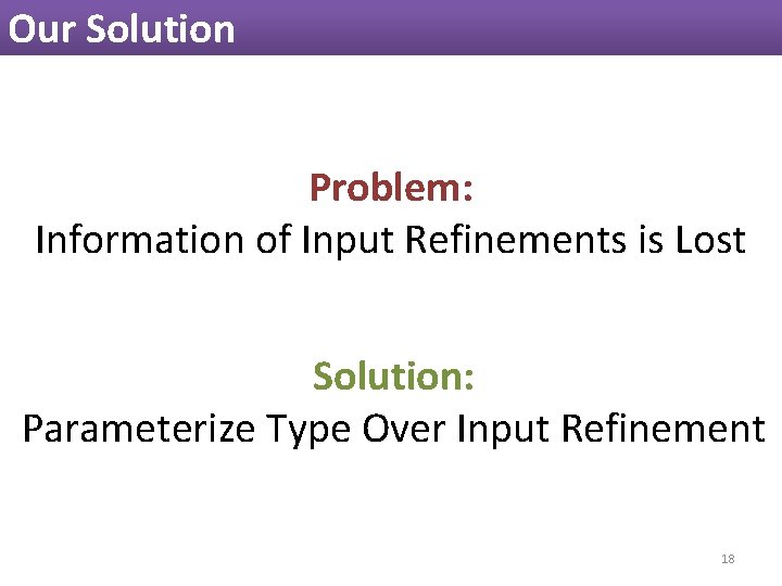 Our Solution Problem: Information of Input Refinements is Lost Solution: Parameterize Type Over Input Our Solution Problem: Information of Input Refinements is Lost Solution: Parameterize Type Over Input